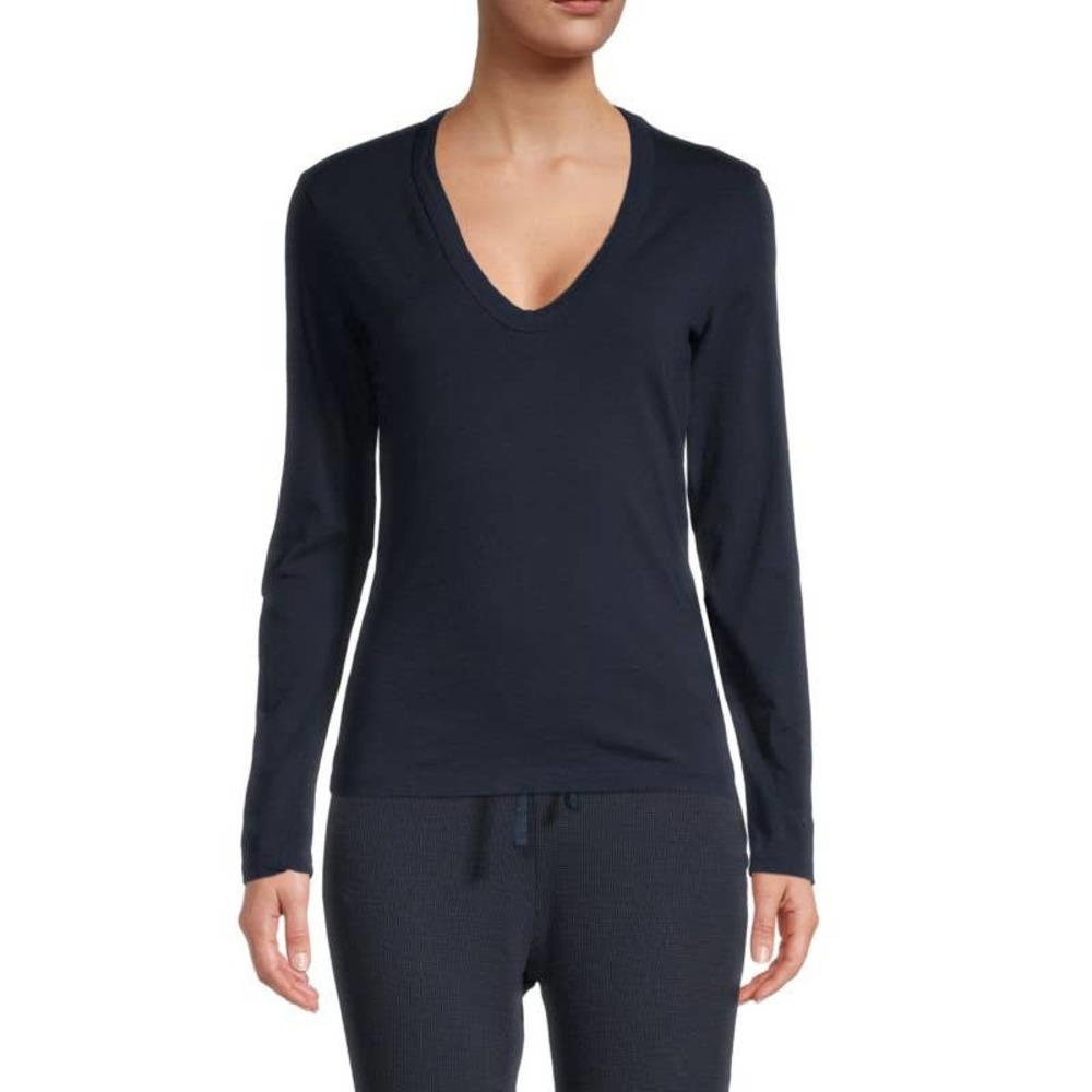 James Perse Women's Deep V-Neck Cotton Spandex Stretch Long Sleeve Tee T-Shirt